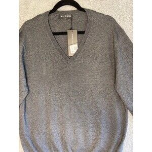 NWT Kallspin Mens Large Gray Cashmere Wool Blend V- Neck Pullover Sweater